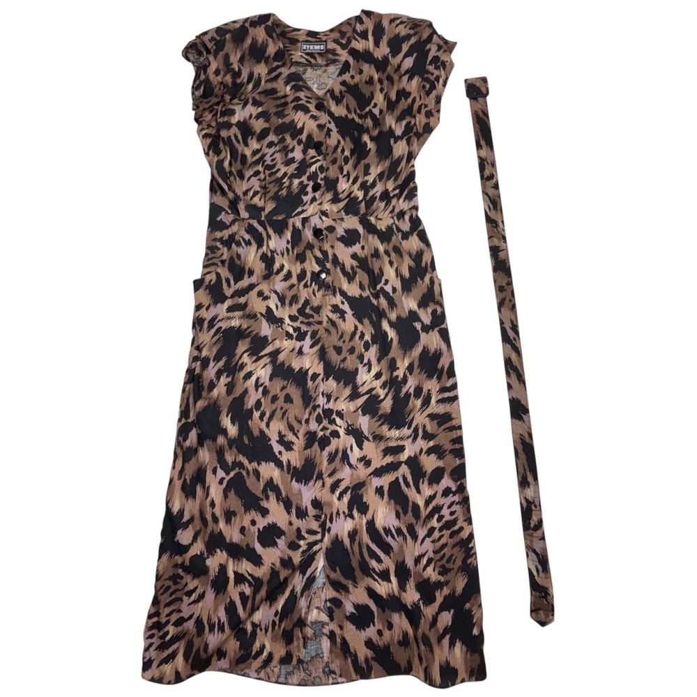 Vintage ITEMS Leopard Print Midi Dress‎ M Belted Brown Black Retro USA Made